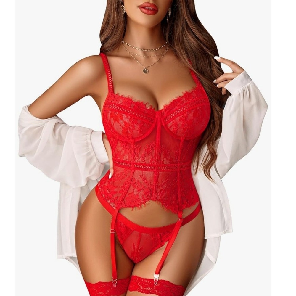 Avidlove Corset Lingerie Set Women Large Dark Red Lace Garter Belt Thong 3-Piece